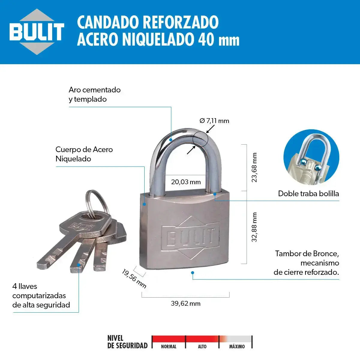 4 Candados Hermanados Bulit Doble Traba A Bolilla + 8 Llaves Bulit