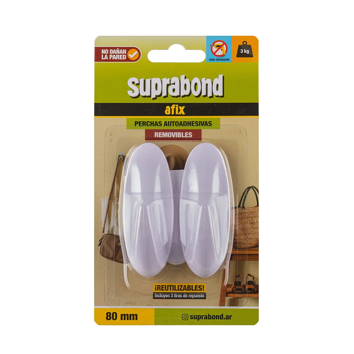 Perchas Autoadhesivas Suprabond Removibles Bancas - 80mm - 2 Unidades Suprabond