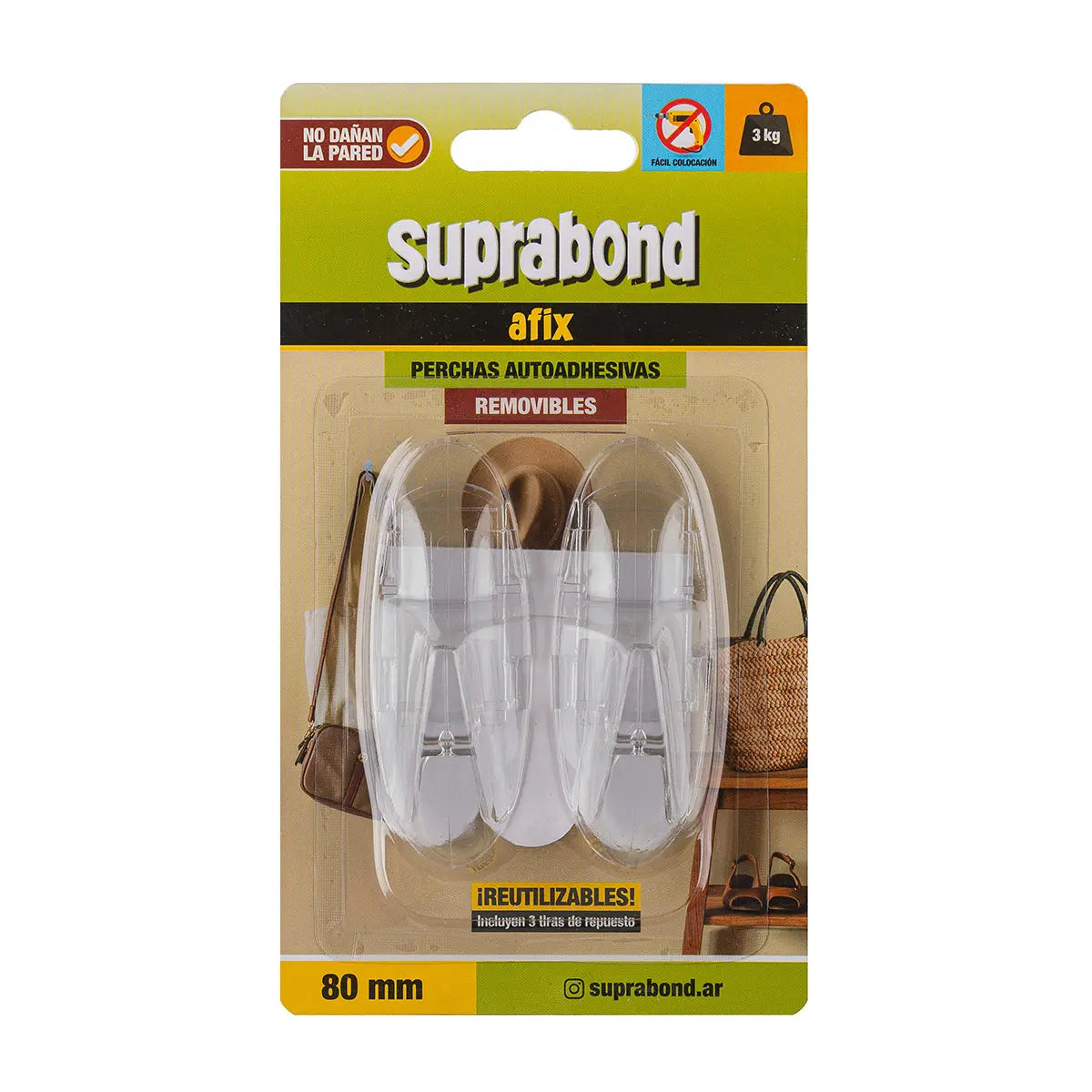 Perchas Autoadhesivas Suprabond Removibles Transparentes - 80mm - 2 Unidades Suprabond