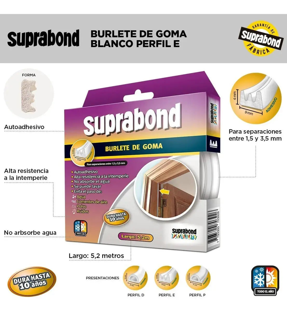 Burlete Autoadhesivo Suprabond de Goma Perfil E Color Marrón Suprabond