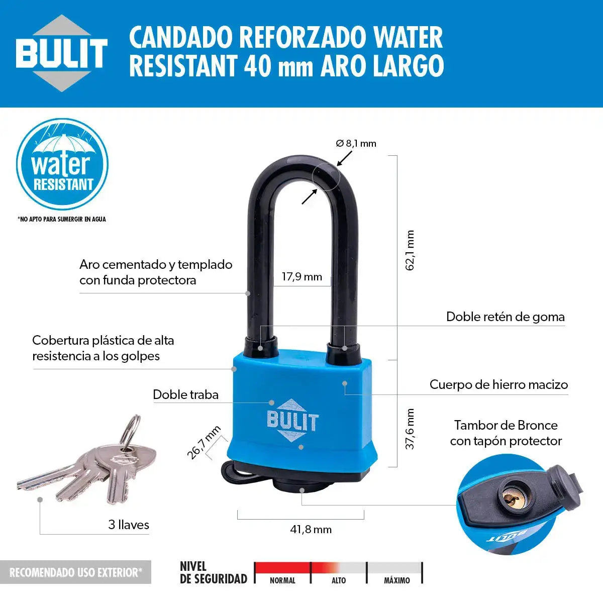 Candado Bulit Doble Traba Resistente al Agua - Aro Largo 40 Bulit