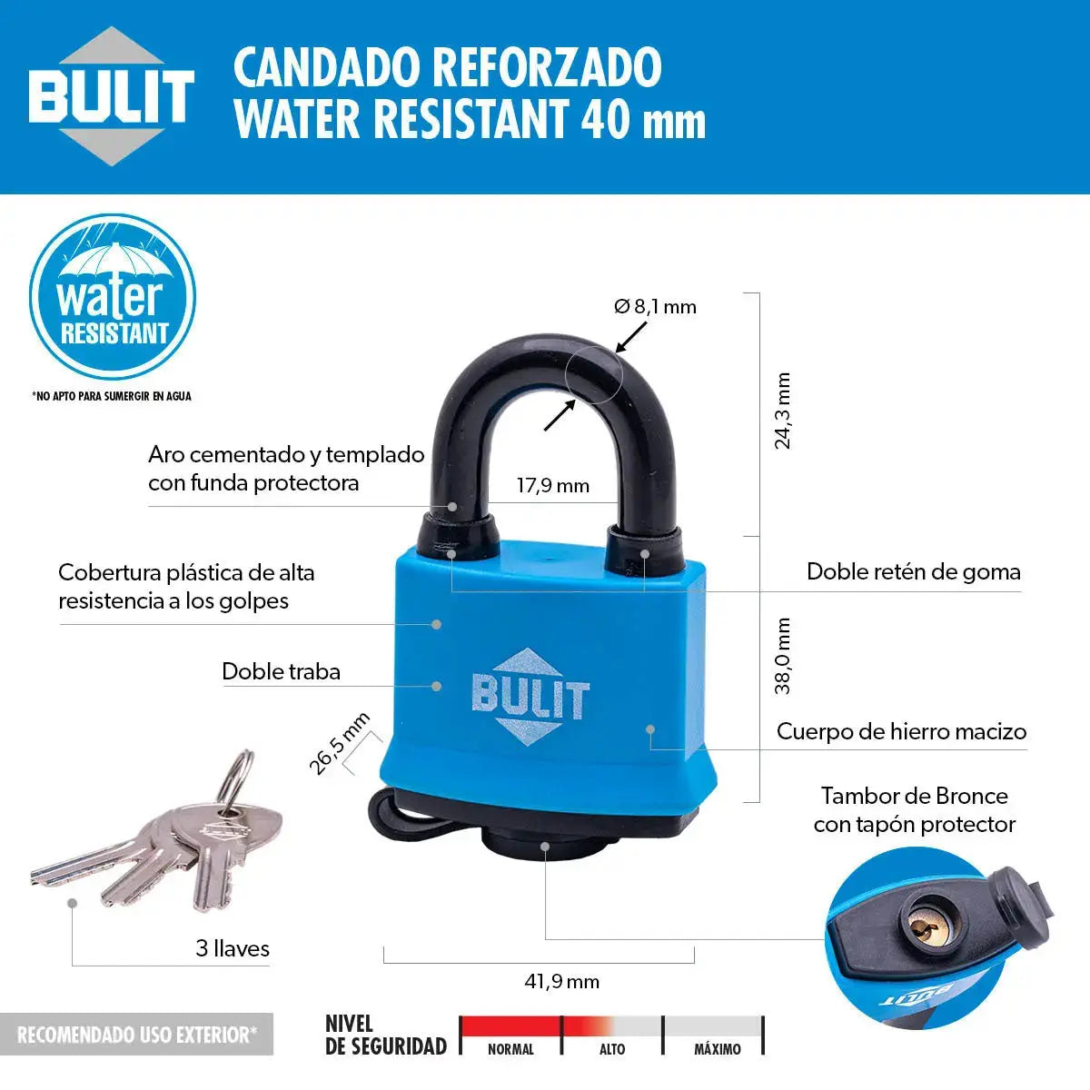 Candado Bulit Doble Traba Resistente al Agua - Intemperie 40mm Bulit