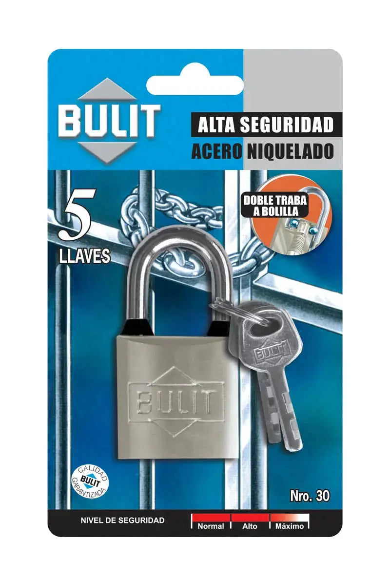 Candado Bulit Reforzado Acero Niquelado 30mm Alta Seguridad Bulit