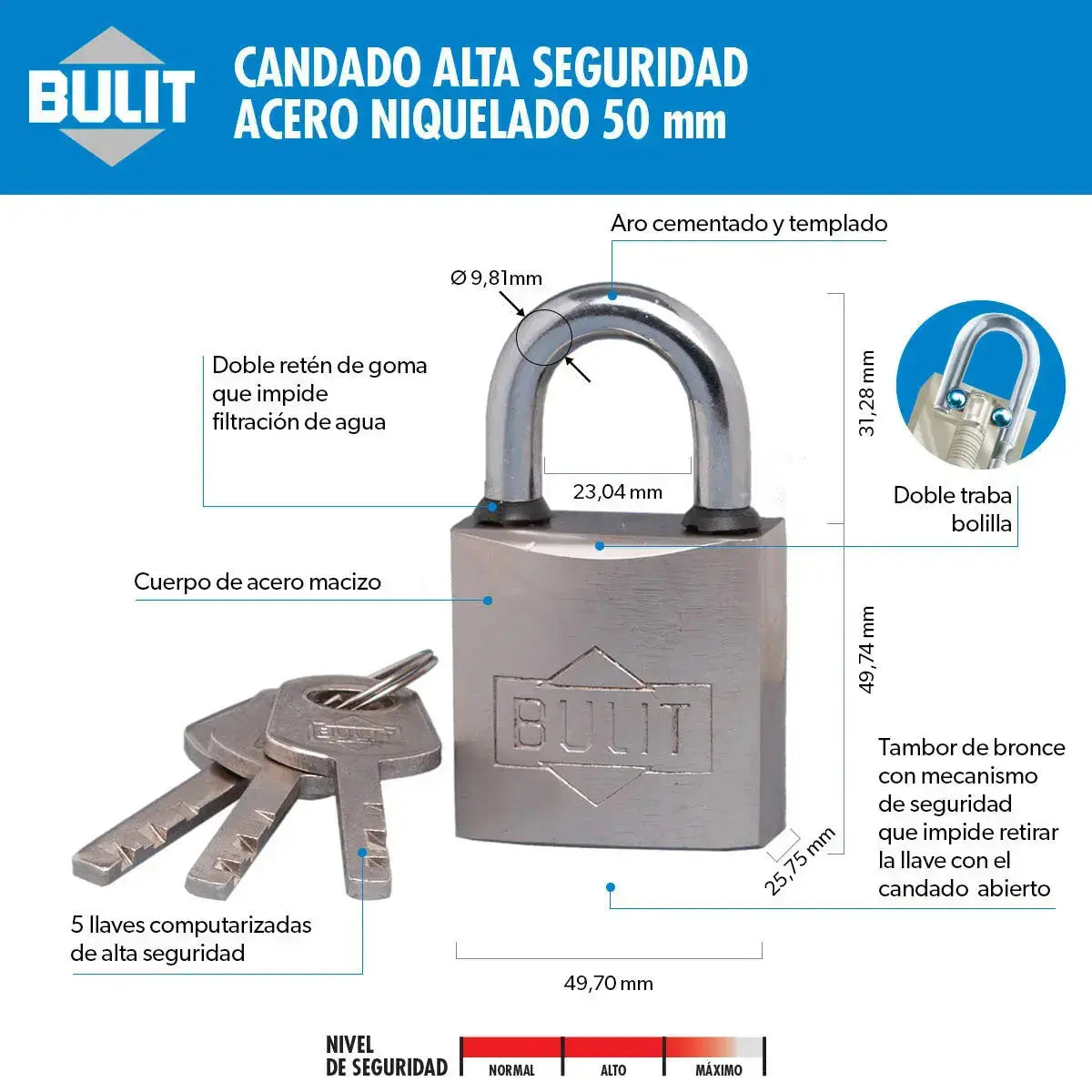 Candado Bulit Reforzado Acero Niquelado 50mm Alta Seguridad Bulit