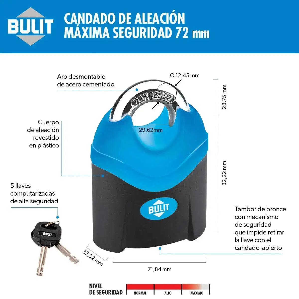 Candado Bulit de Máxima Seguridad de 72mm Profesional Bulit