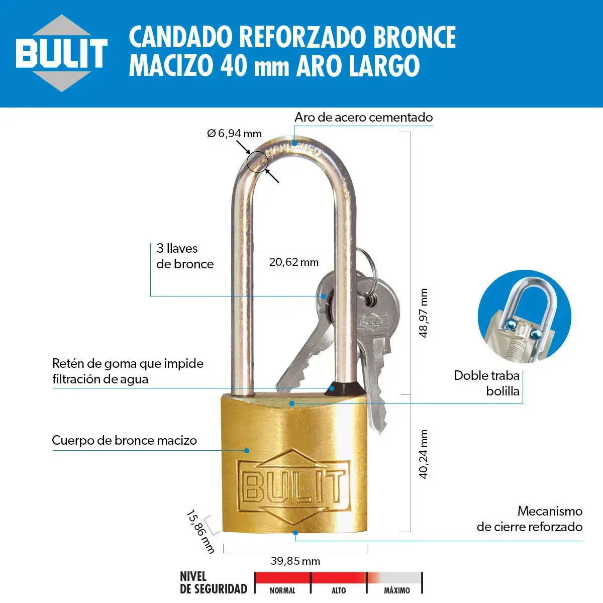 Candado Reforzado Doble Traba Aro Largo N° 40 Bulit Bulit