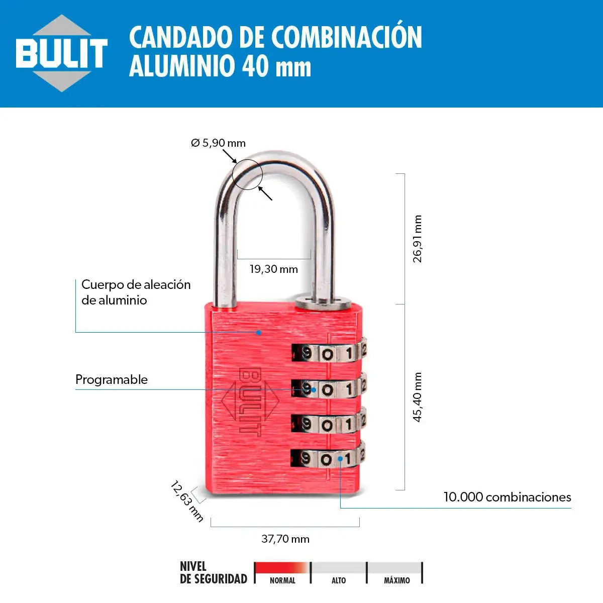 Candado de Aleación Aluminio 4 Comb N° 40 Rojo Bulit Bulit