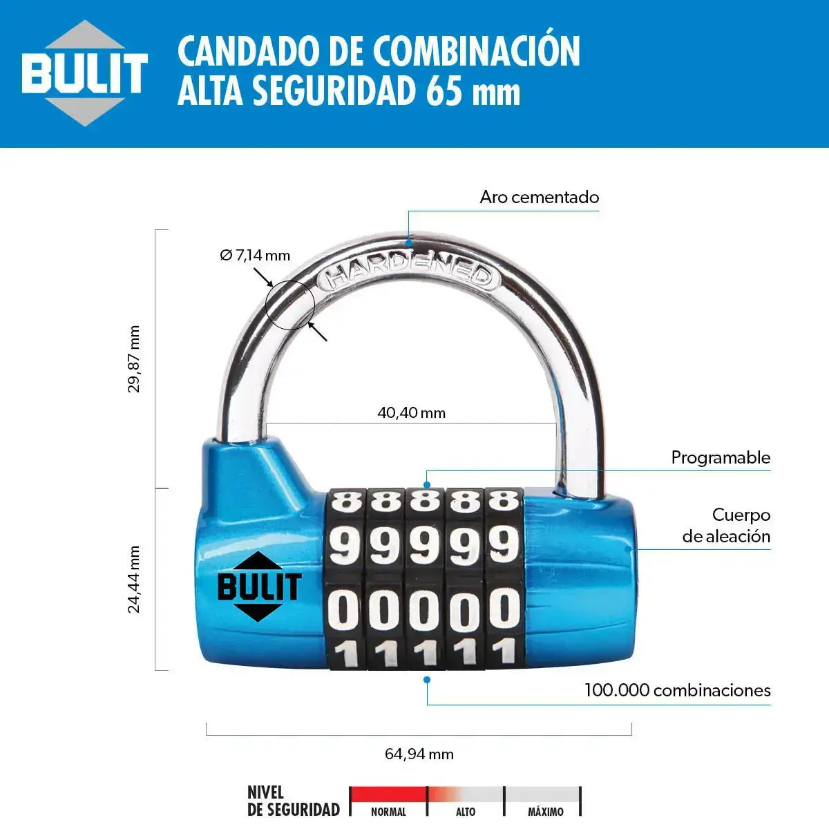 Candado de Aleación Bulit 10.000 Combinaciones 65mm Azul - CRAFTERS