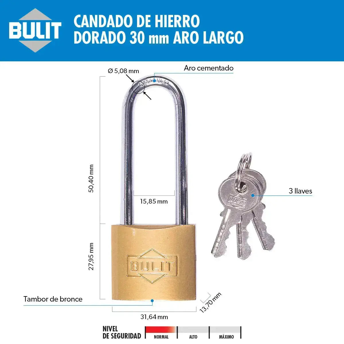 Candado de Hierro Dorado Bulit N° 30 Aro Largo Bulit