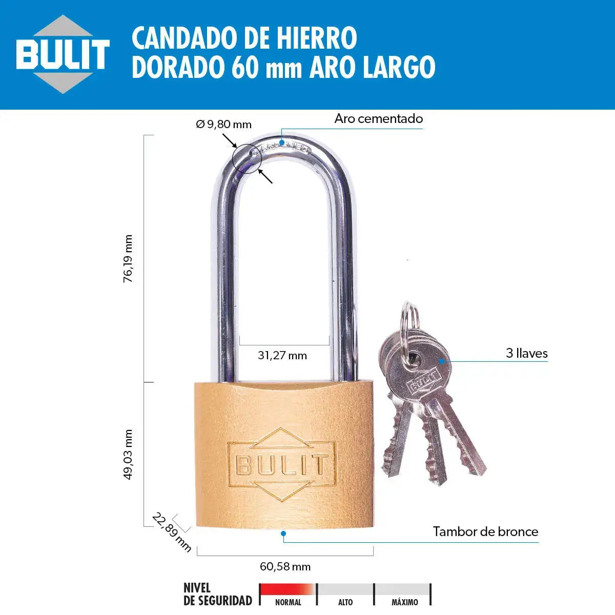 Candado de Hierro Dorado Bulit N° 60 Aro Largo Bulit