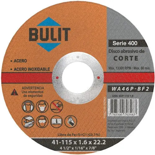 Disco abrasivo de corte BULIT serie 400 115 mm x 1,6 mm x 22,2 mm Bulit