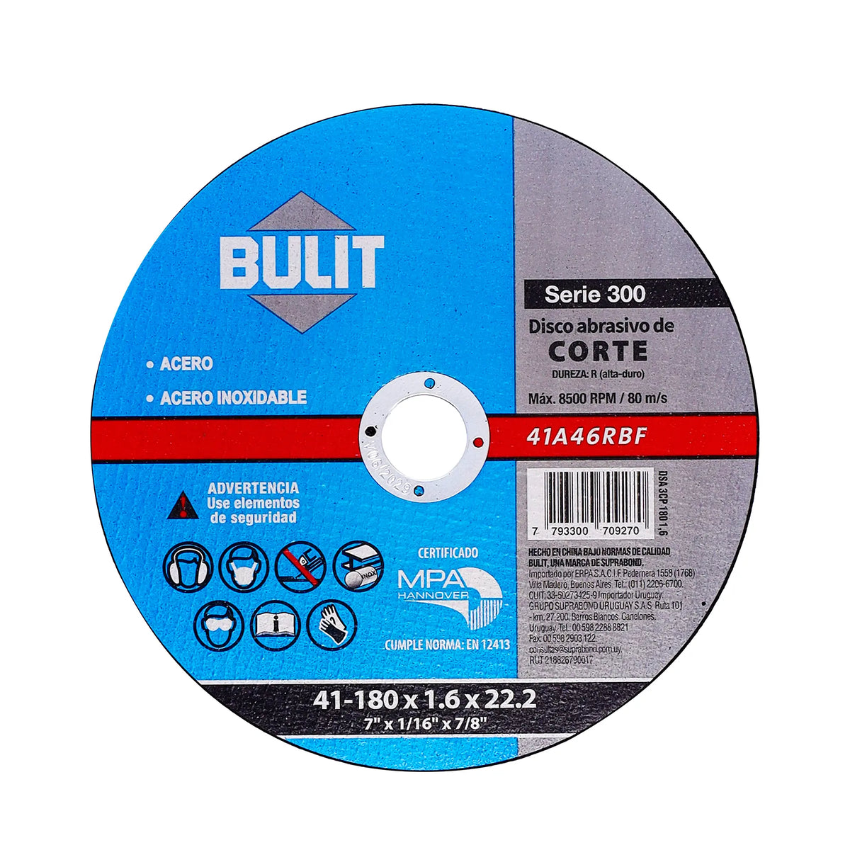 Disco Abrasivo de Corte BULIT Serie 300 180 mm X 1,6 mm X 22,2 mm Bulit