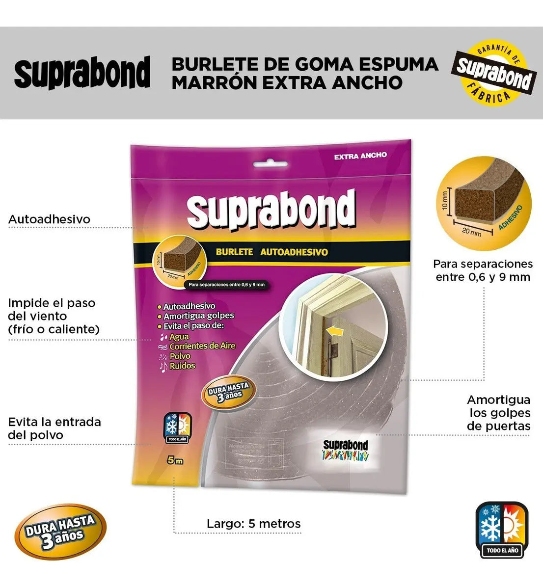 Burlete Suprabond Goma Espuma Extra Ancho 5 Metros Marrón Suprabond