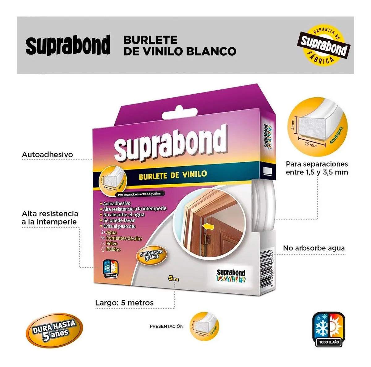 Burlete de Vinilo Autoadhesivo Suprabond 5 Metros Blanco Suprabond