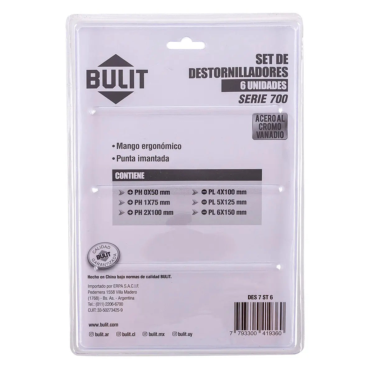 Combo BULIT 6 Destornilladores Phillips y Planos - Serie 700 Bulit