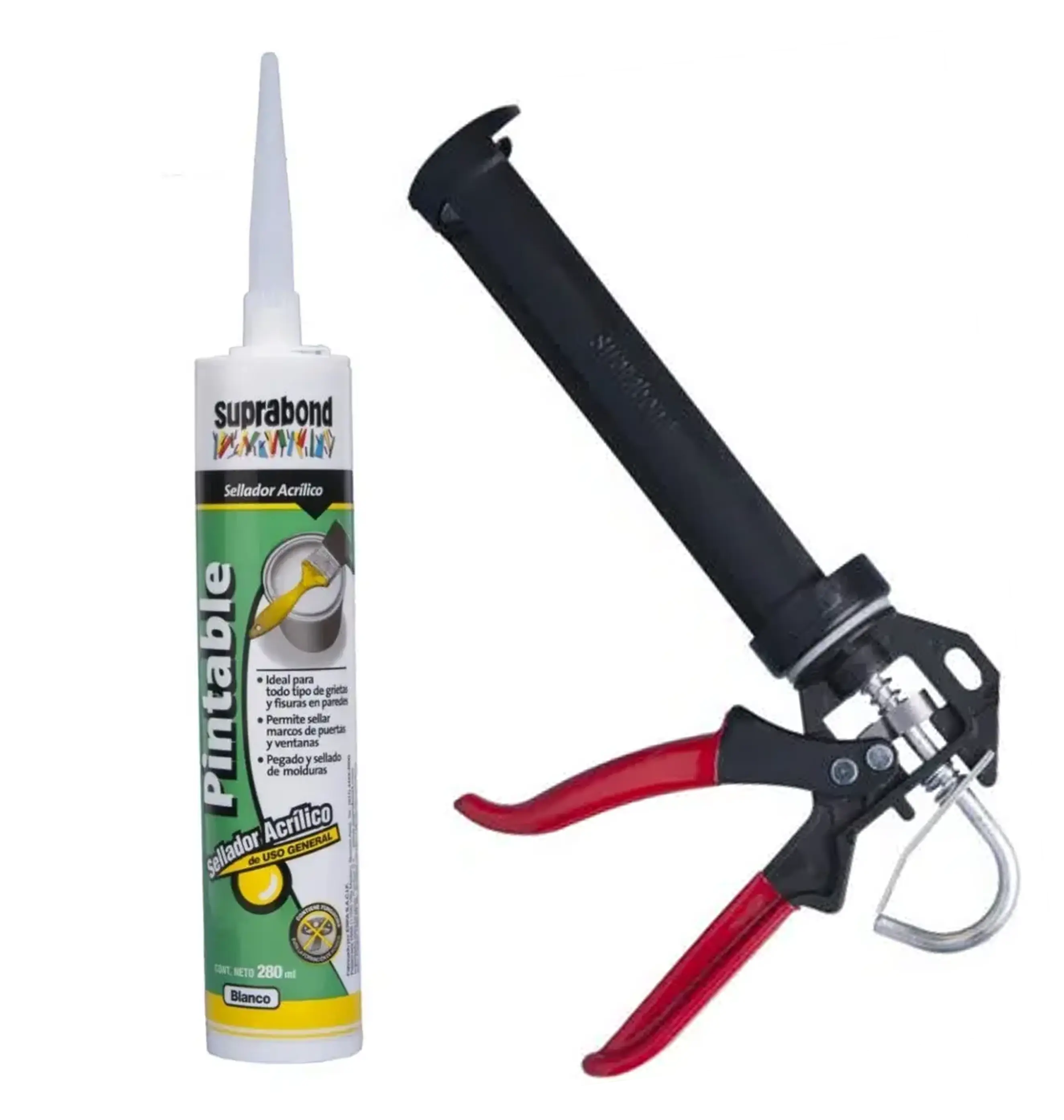 Sellador Acrílico Pintable Suprabond 280ml Blanco + Pistola Aplicadora Porta Cartucho Suprabond