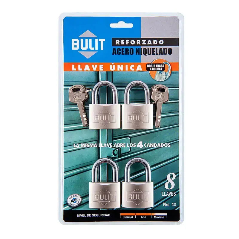4 Candados Hermanados Bulit Doble Traba A Bolilla + 8 Llaves Bulit