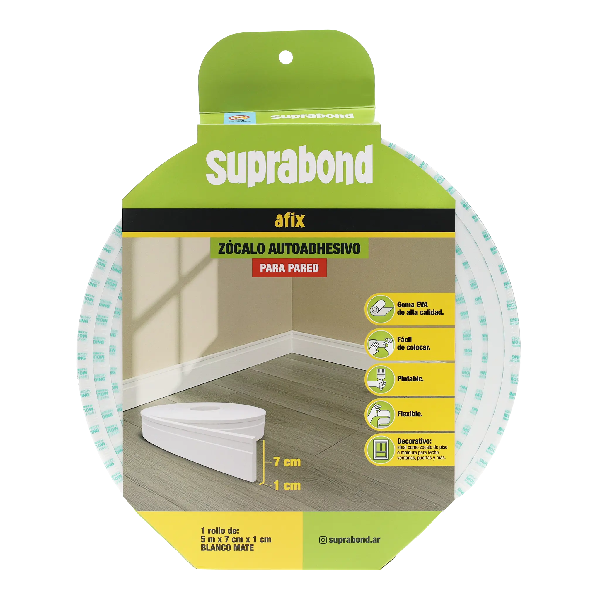 Zócalo Autoadhesivo para Pared Blanco - 5m x 7cm Suprabond