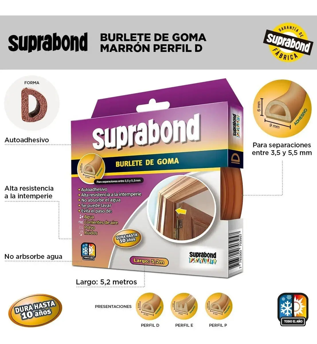 Burlete Suprabond de Goma para Puertas - Marrón Suprabond