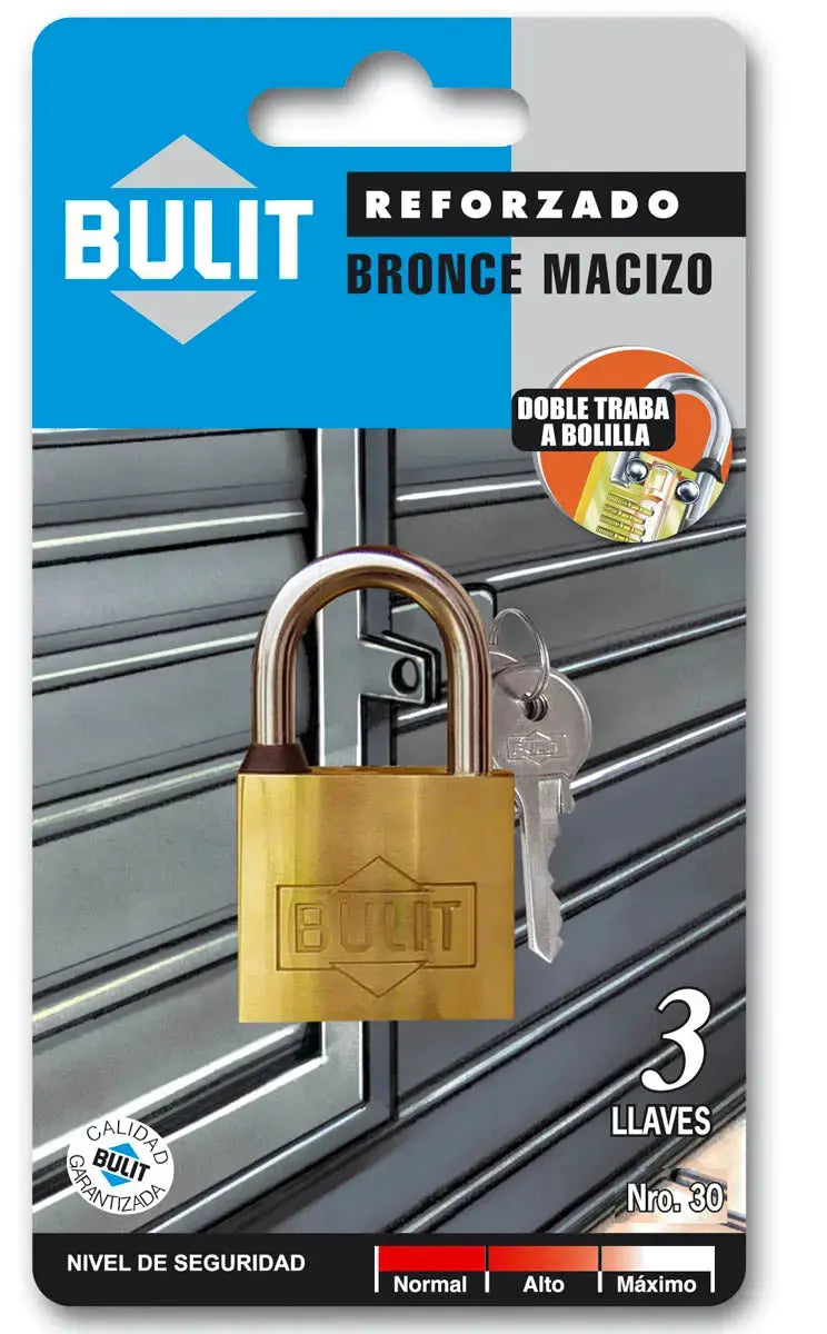Candado Bulit Bronce Macizo - Reforzado - Doble Traba - 30mm Bulit