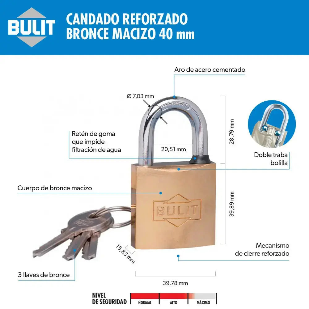 Candado Bulit Bronce Macizo - Reforzado - Doble Traba - 40mm Bulit