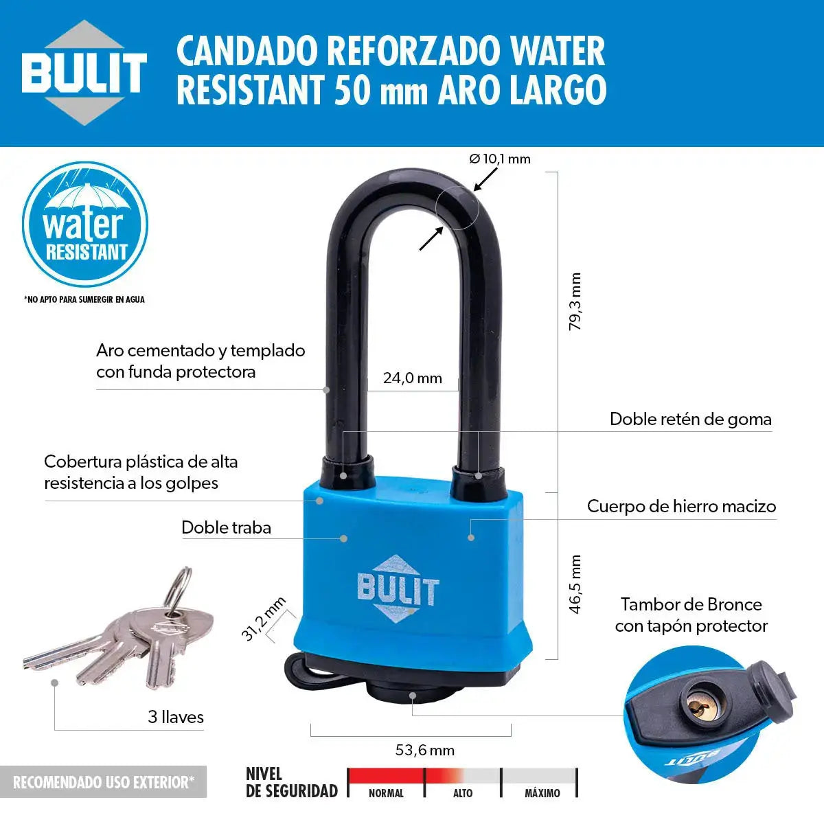 Candado Bulit Doble Traba Resistente al Agua - Aro Largo 50 Bulit