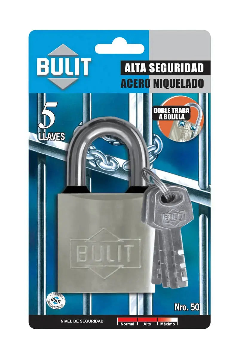 Candado Bulit Reforzado Acero Niquelado 50mm Alta Seguridad Bulit