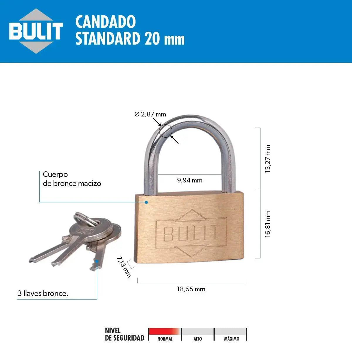 Candado Bulit de Bronce Macizo Standard 20mm Bulit