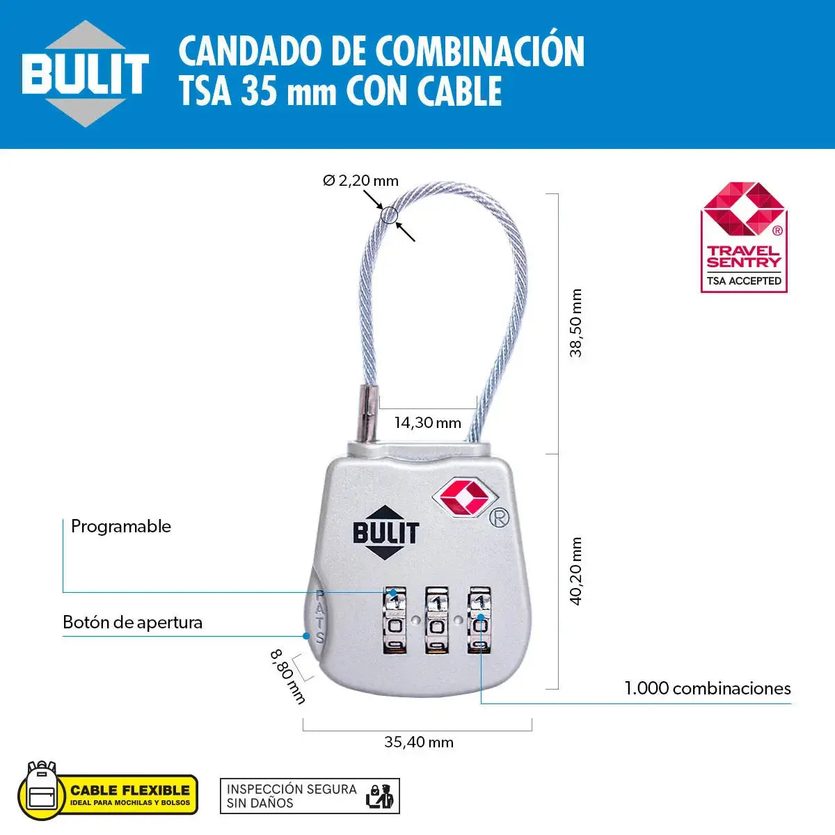 Candado de Combinación Tsa con Cable Bulit - CRAFTERS