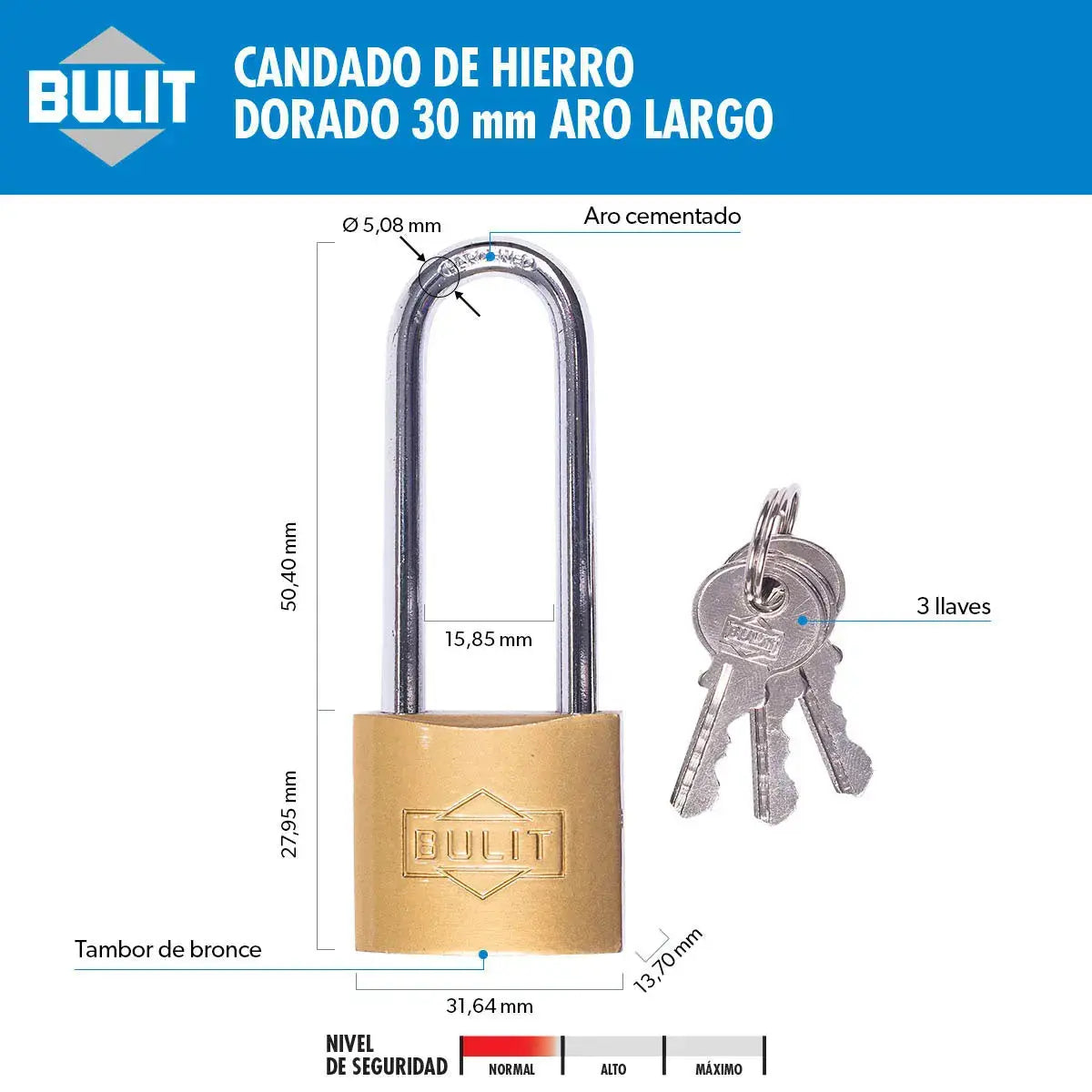 Candado de Hierro Dorado Bulit N° 30 Aro Largo Bulit