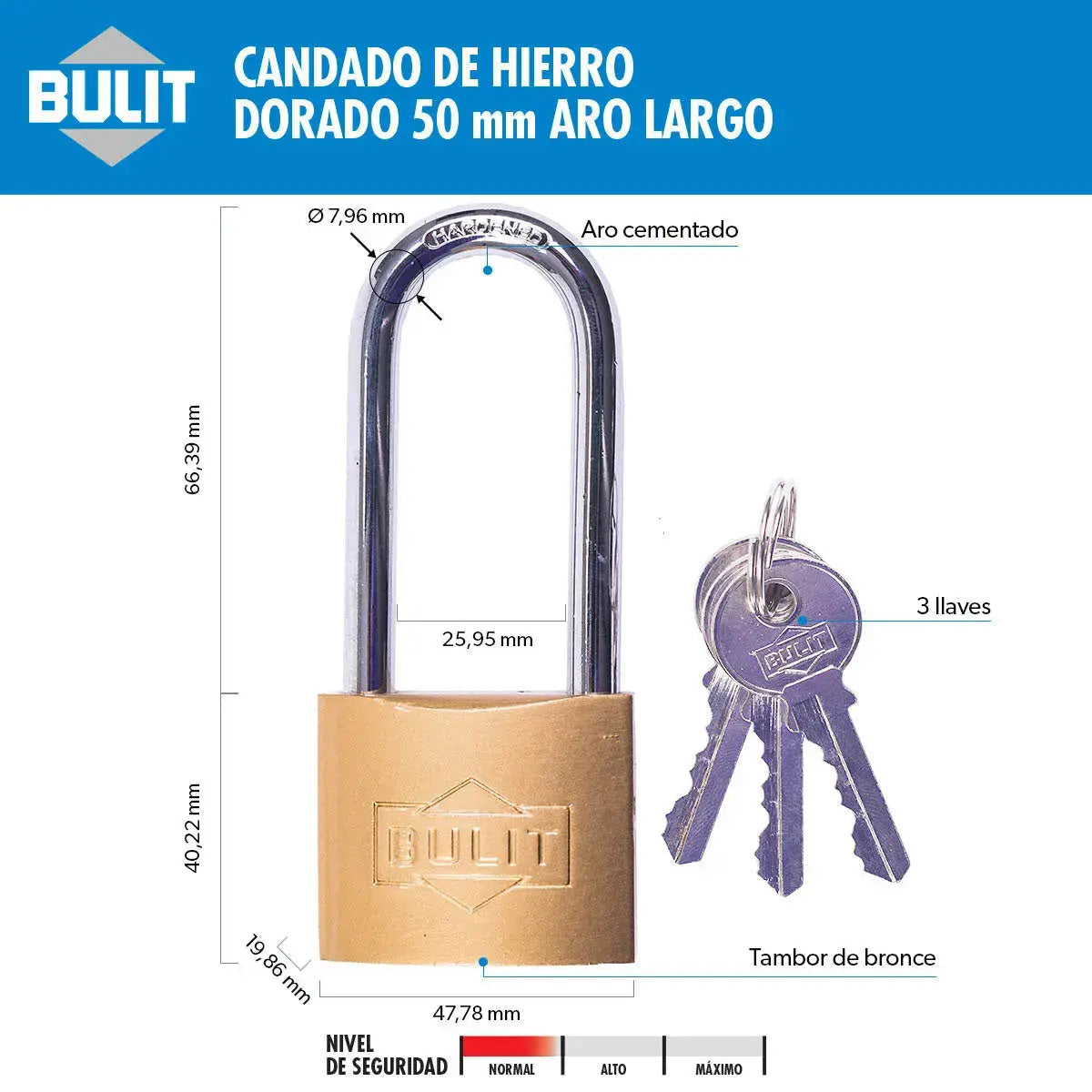 Candado de Hierro Dorado Bulit N° 50 Aro Largo Bulit