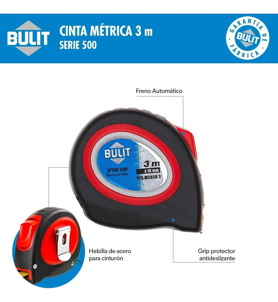 Cinta Métrica BULIT Serie 500 con Freno 3m X 16mm Bulit