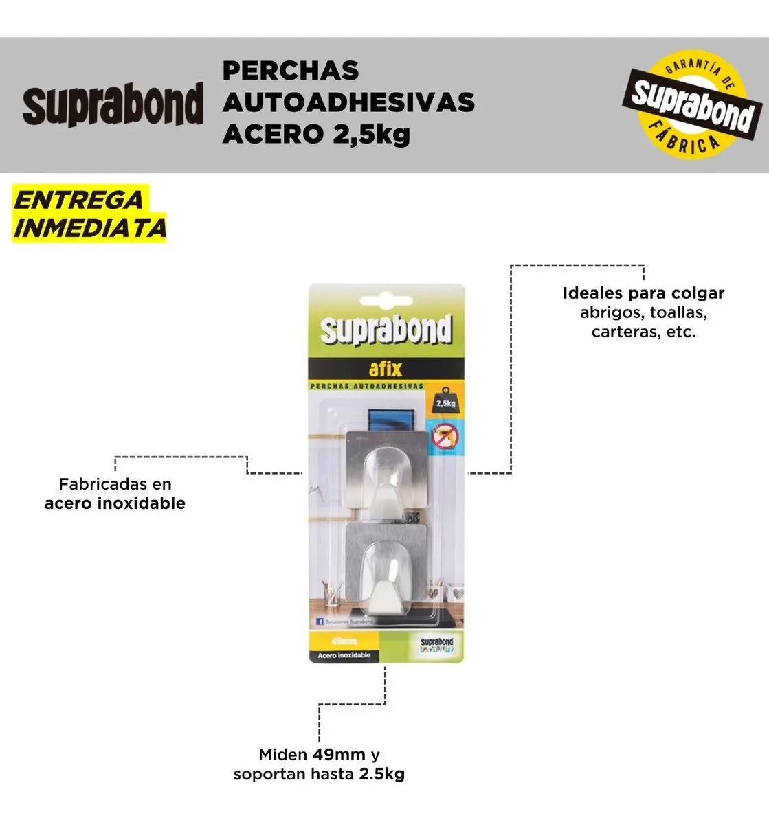 Perchas Autoadhesivas Suprabond Acero Inoxidable - 2.5kg Suprabond