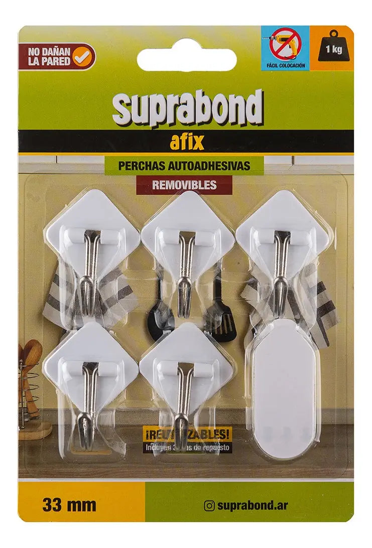 Perchas Autoadhesivas Suprabond Removibles 33mm Blancas X 5u Suprabond
