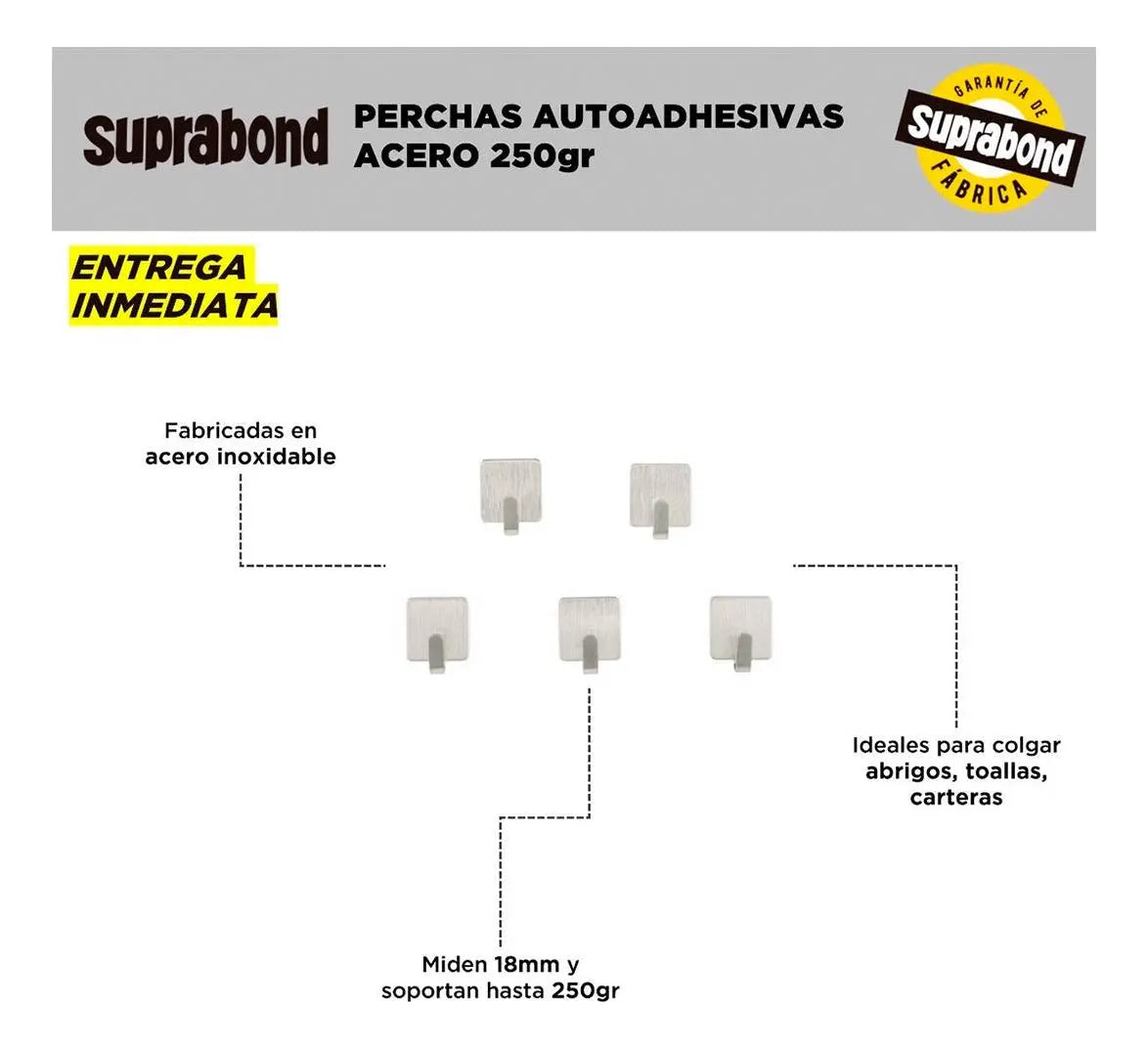 Perchas Autoadhesivas Suprabond Acero Inoxidable - 250g Suprabond