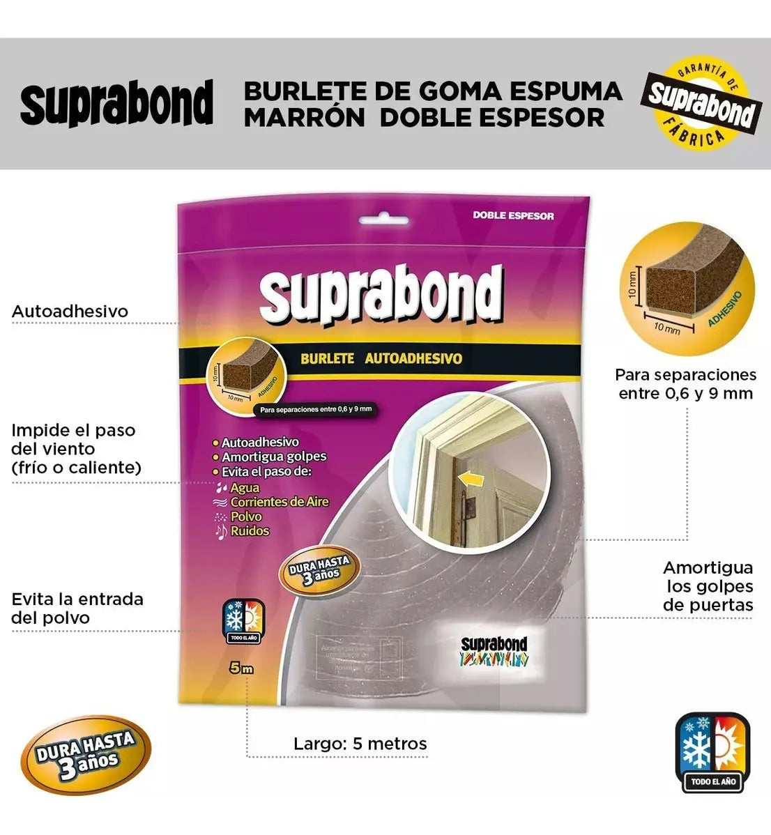 Burlete Suprabond Goma Espuma Doble Espesor Marrón 5 Metros Suprabond
