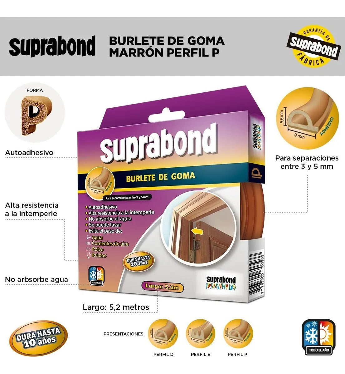 Burlete Autoadhesivo Suprabond de Goma Perfil P Color Marrón Suprabond