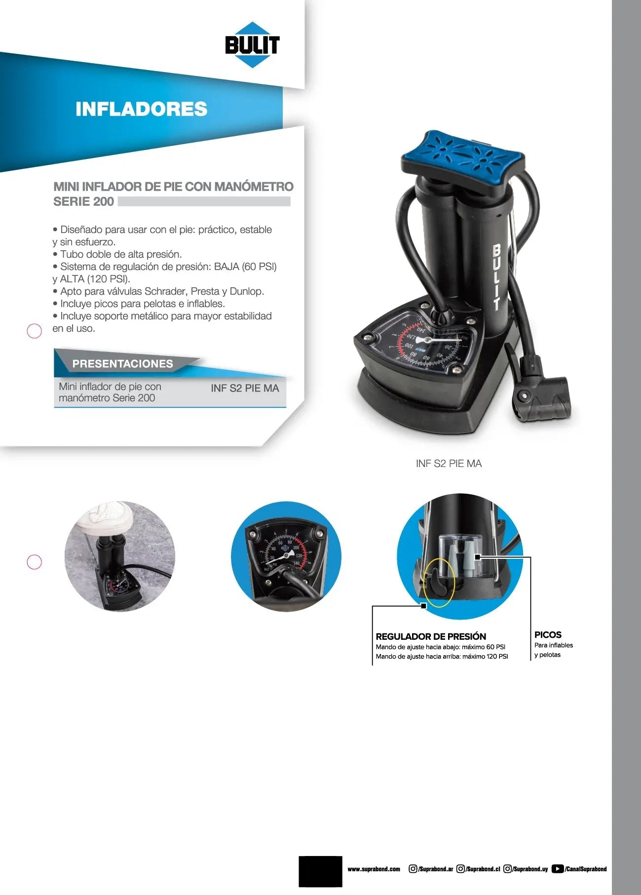 Mini Inflador de Pie con Manómetro BULIT Serie 200 Bulit